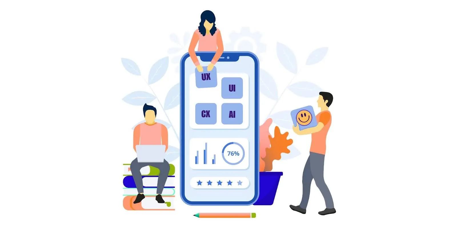 Three people working on UI/UX design of a mobile app