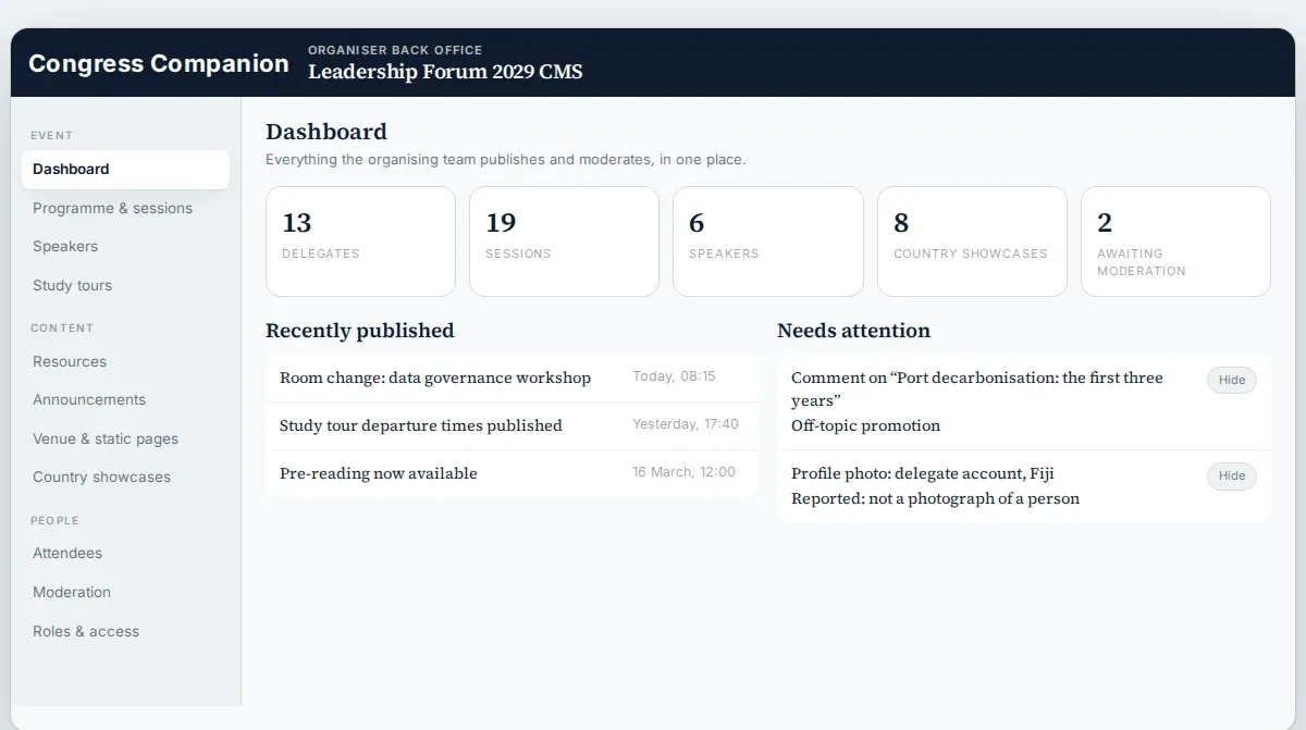 Organiser back office dashboard