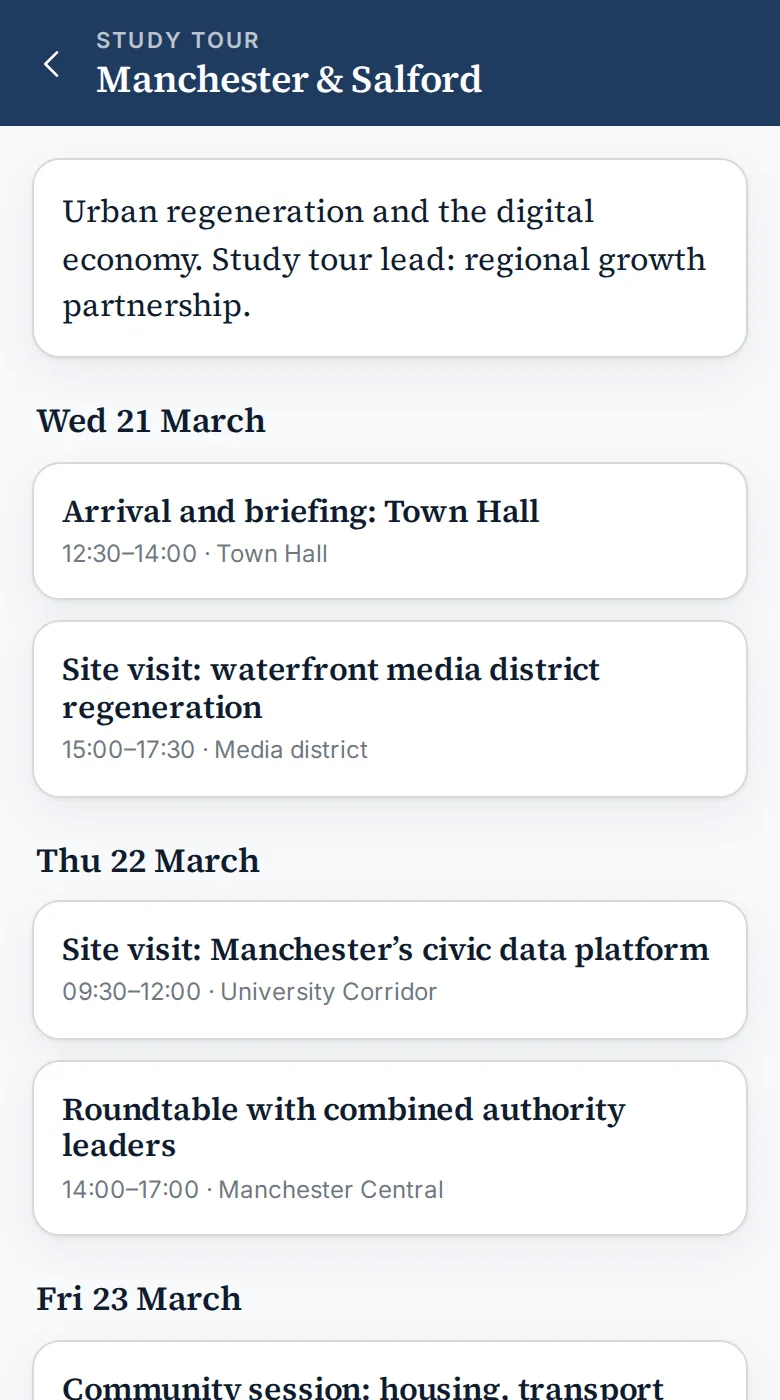 Study tour schedule screen
