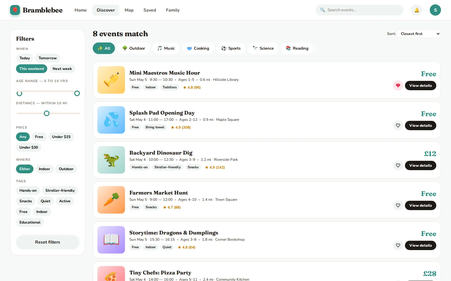 Discover screen with filters for day, age range, distance and price