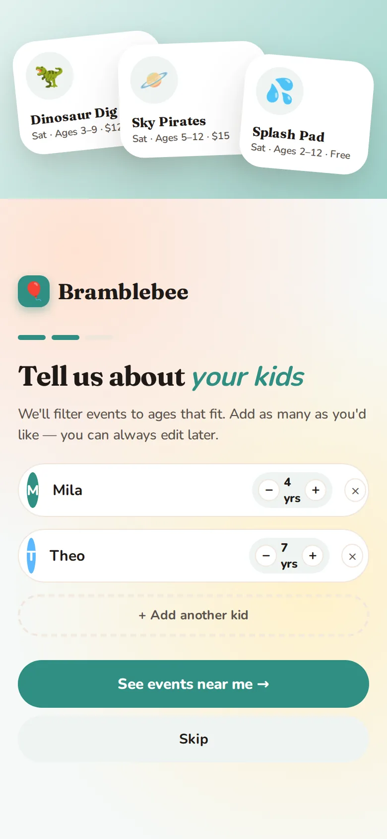 Mobile onboarding: add your children and their ages