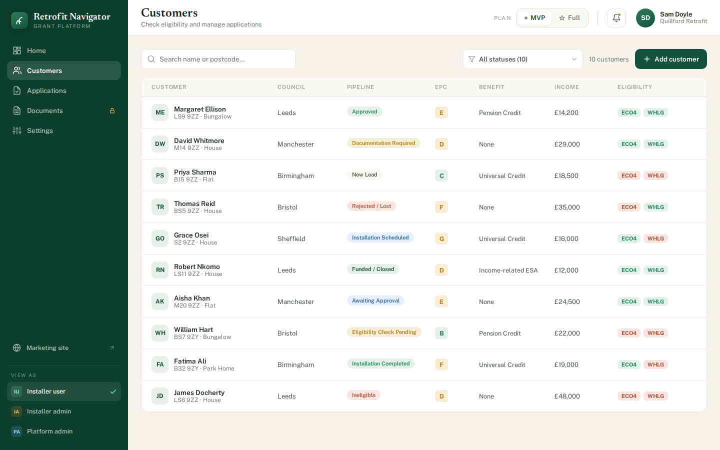 Customers list with council, EPC band, benefit, income, pipeline status and scheme eligibility