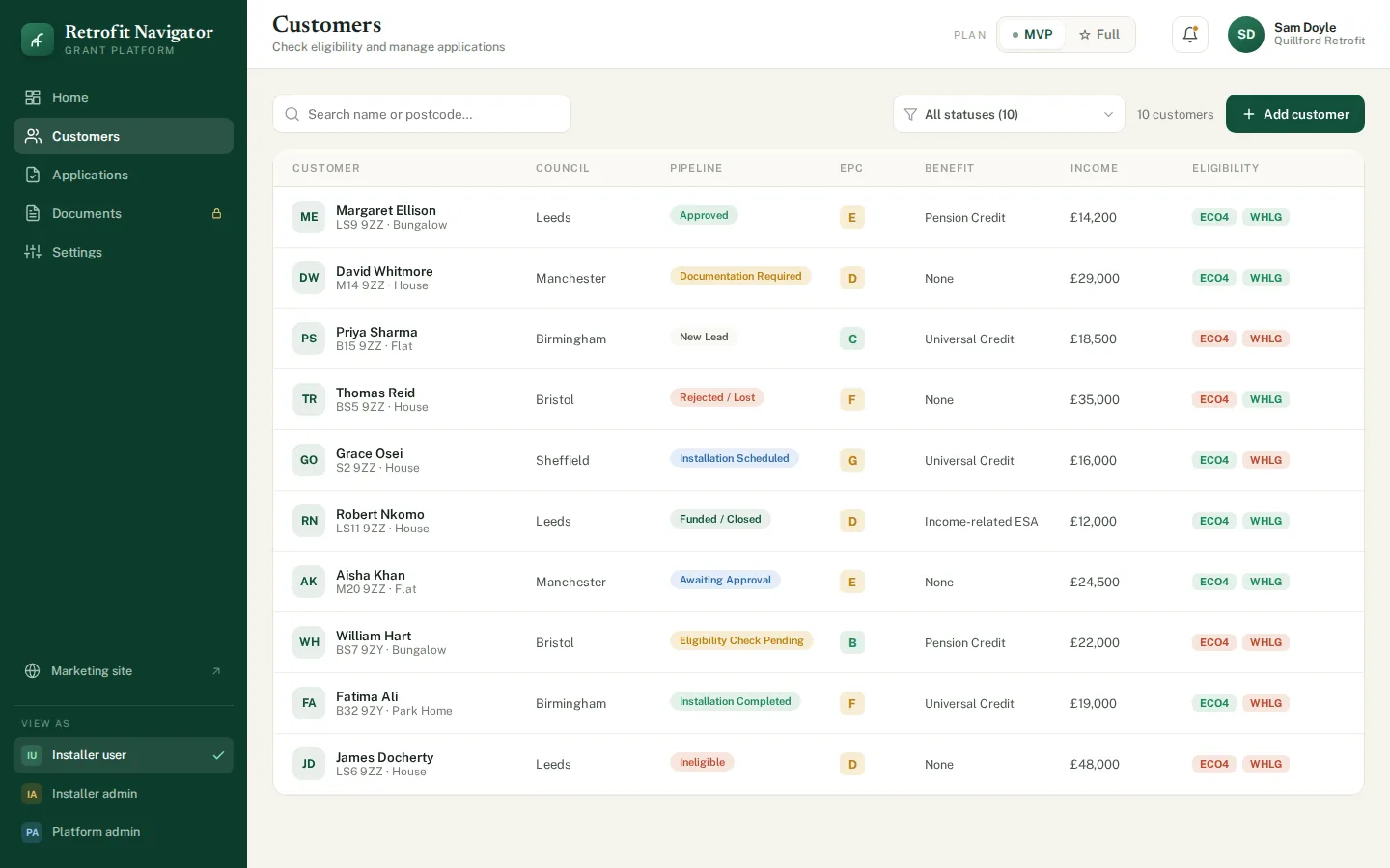 Customers list with council, EPC band, benefit, income, pipeline status and scheme eligibility