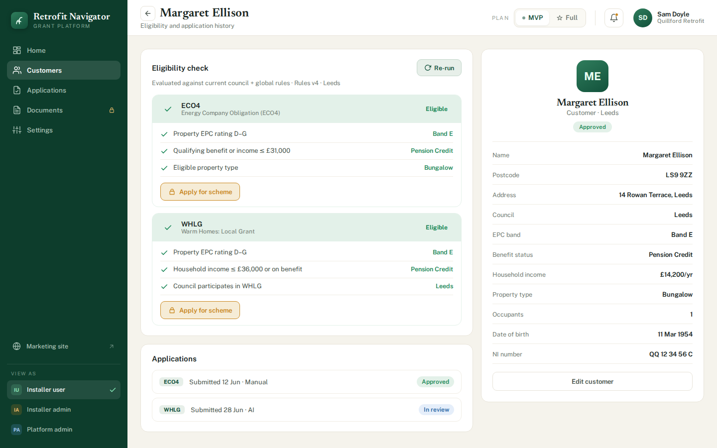Eligibility check for one household: ECO4 and WHLG criteria each marked as met, with the deciding values