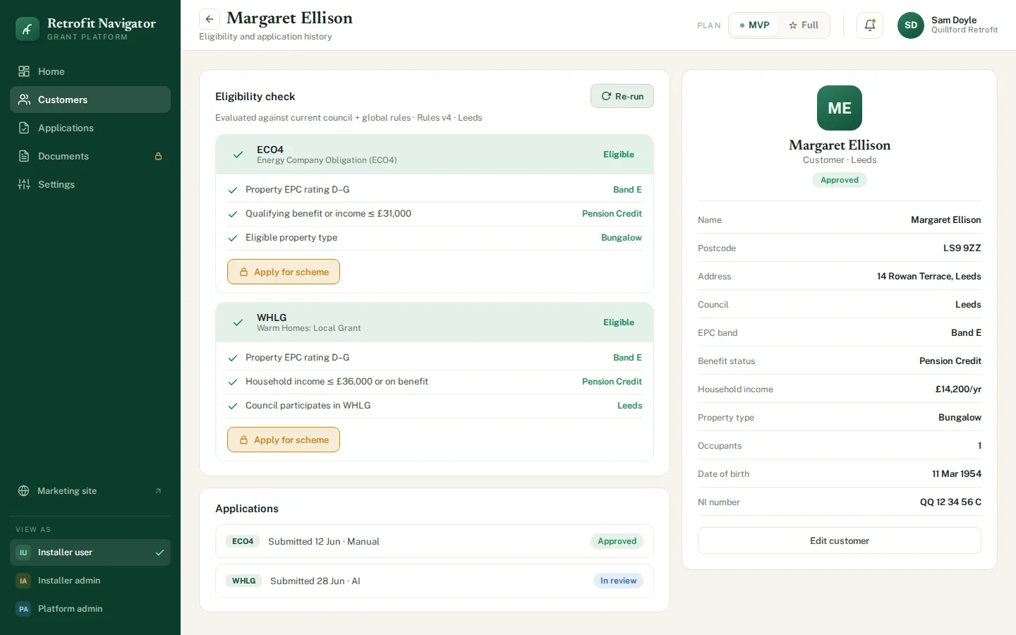 Eligibility check for one household: ECO4 and WHLG criteria each marked as met, with the deciding values