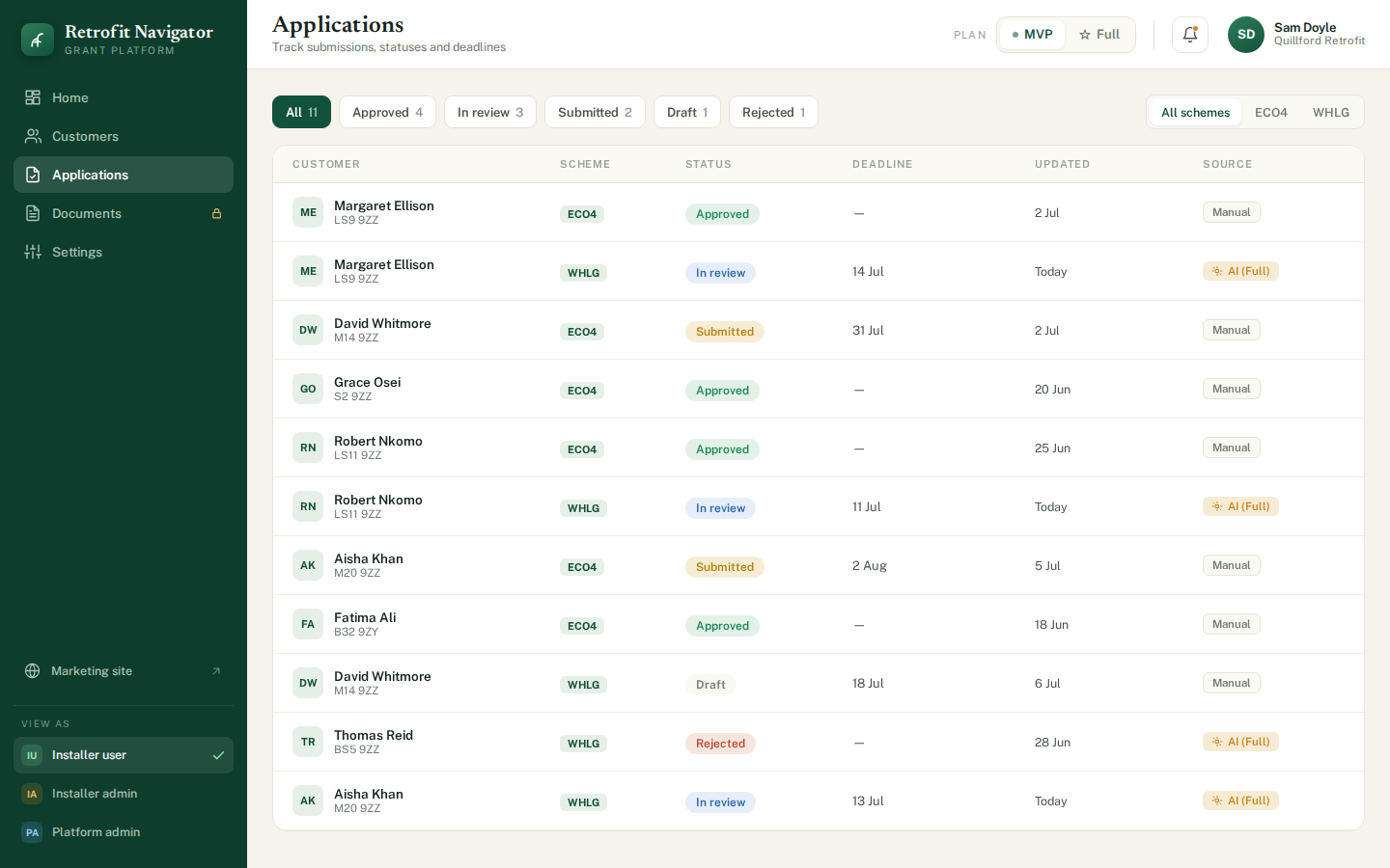 Applications view tracking ECO4 and WHLG submissions by status