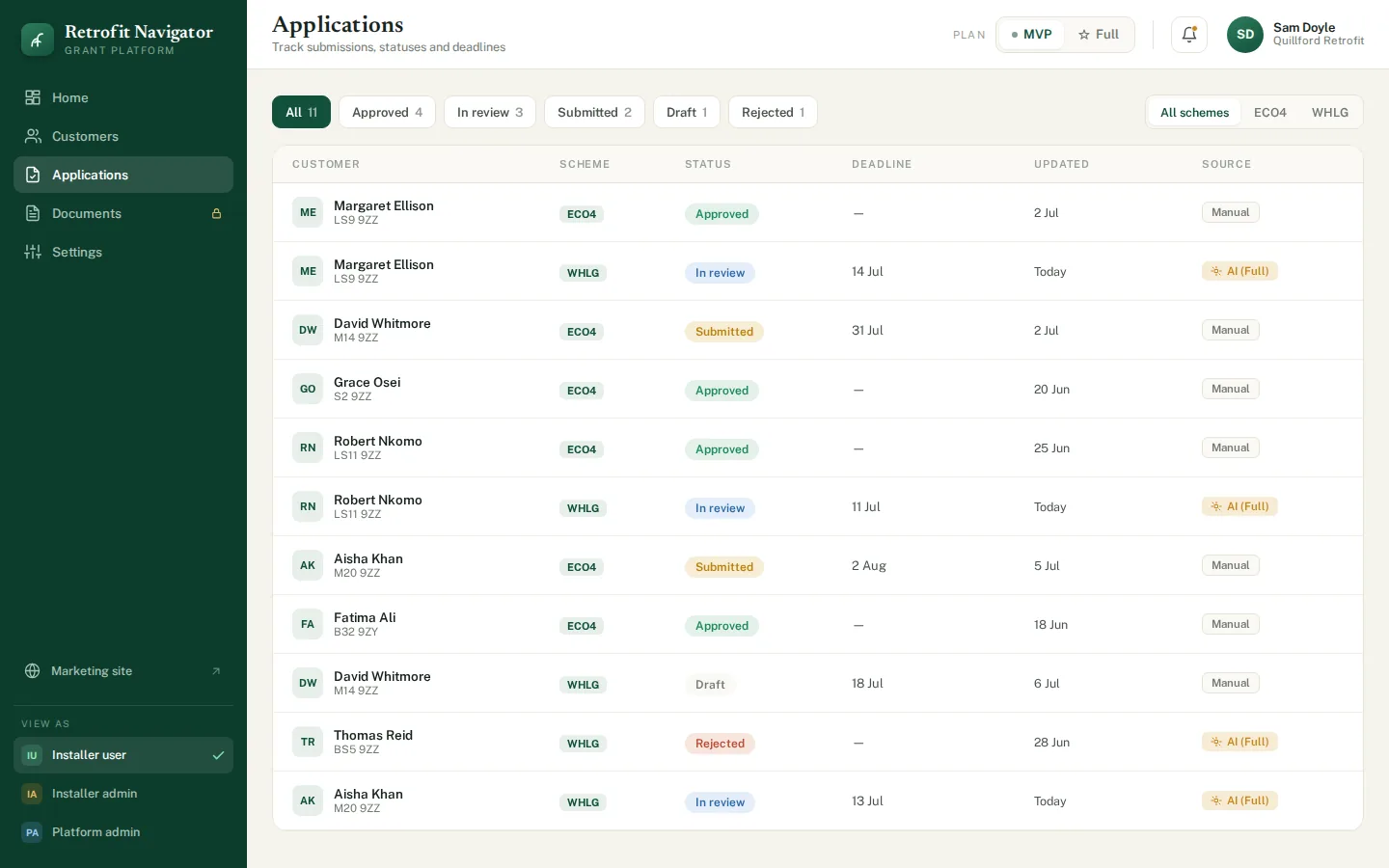 Applications view tracking ECO4 and WHLG submissions by status