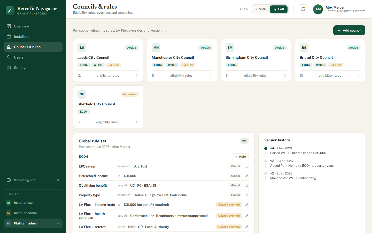 Councils and rules: council cards with schemes, the global ECO4 rule set, LA Flex overrides and version history
