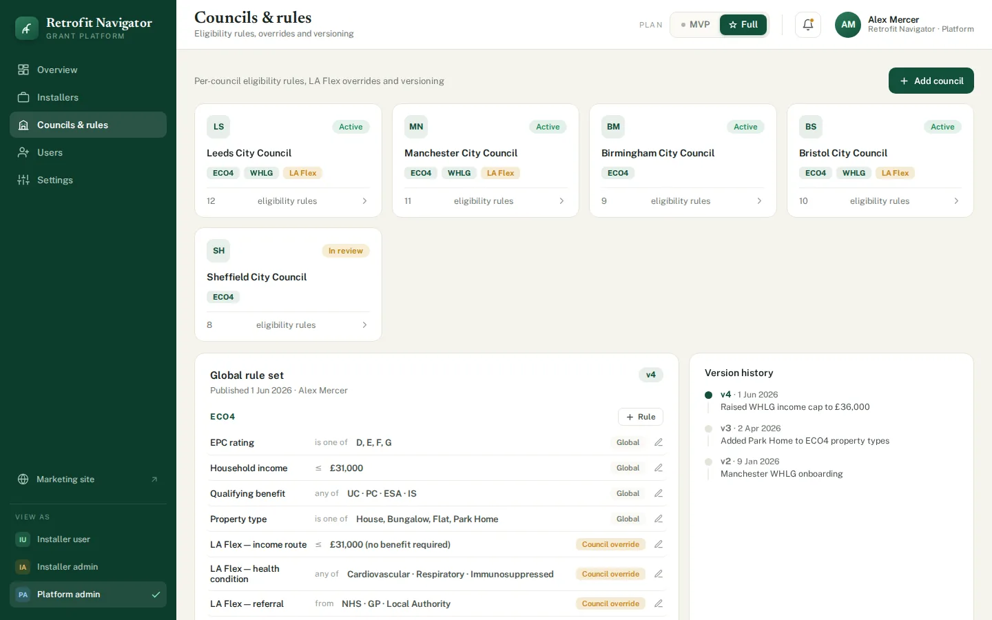 Councils and rules: council cards with schemes, the global ECO4 rule set, LA Flex overrides and version history