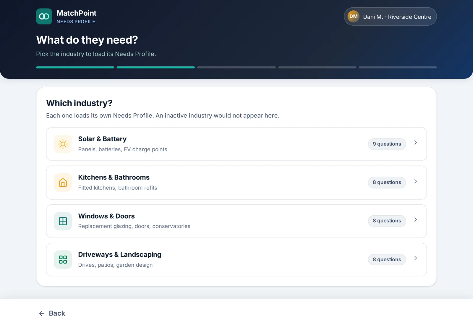 Tablet app: the salesperson picks the customer's project type