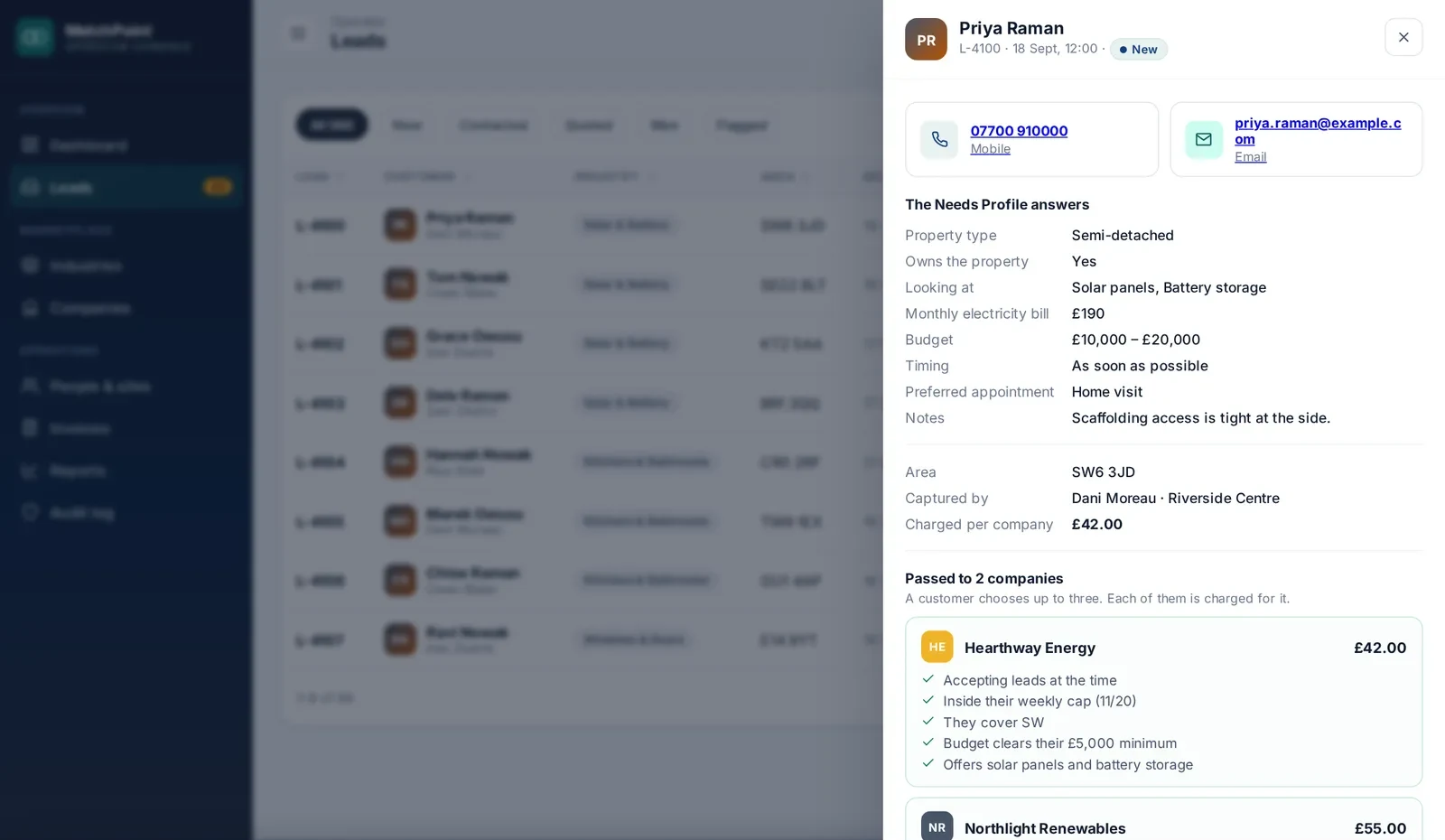 Lead detail showing answers and why each company received the lead