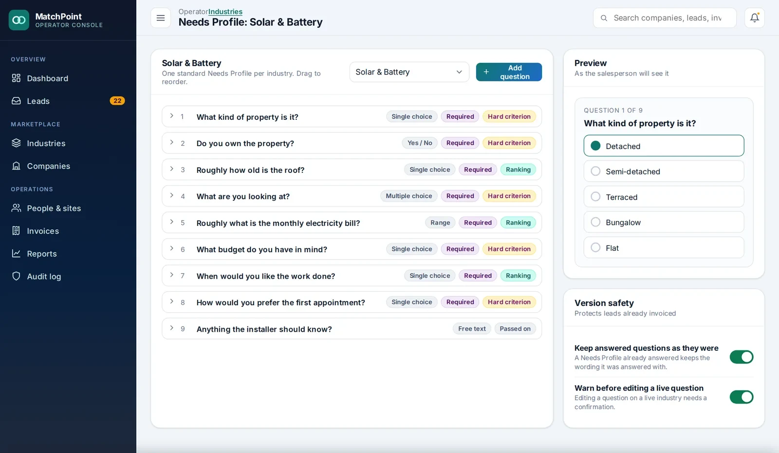 Needs Profile builder with hard criteria, ranking signals and live preview