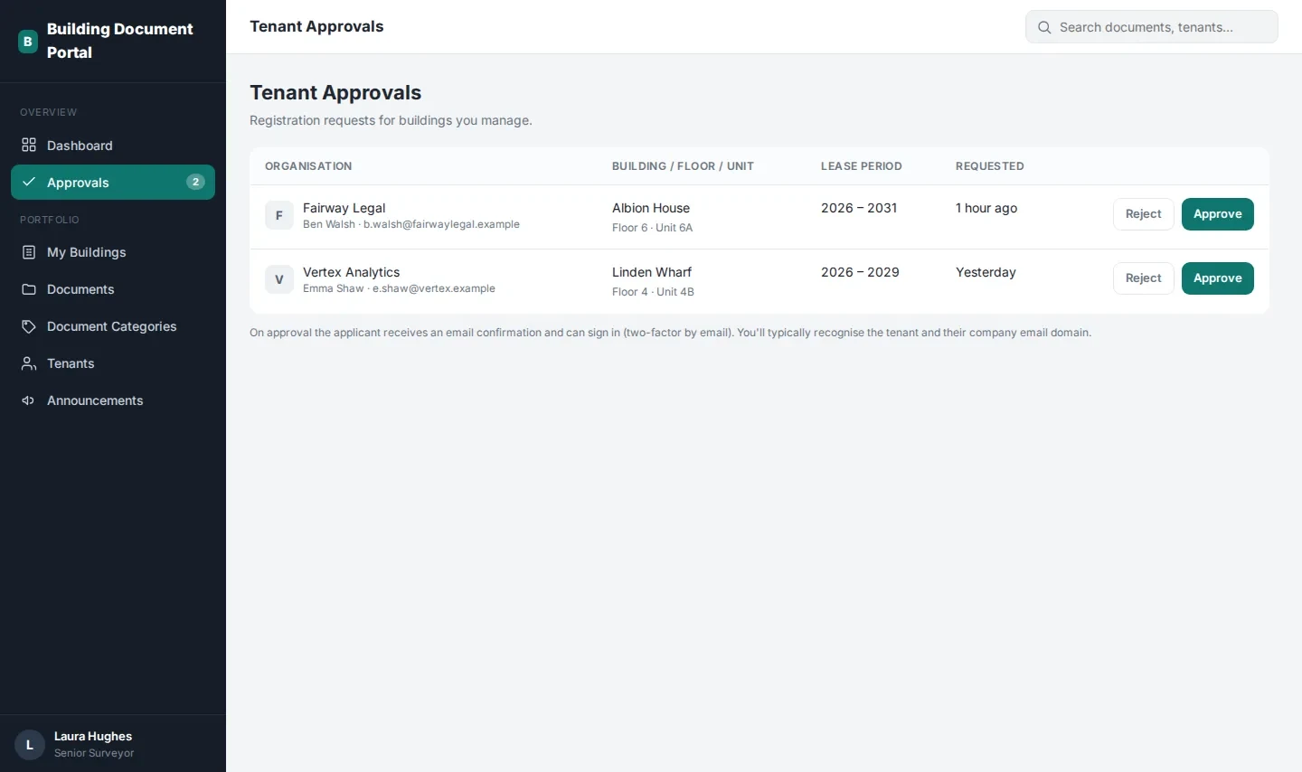 Tenant registration requests waiting for the property manager's approval
