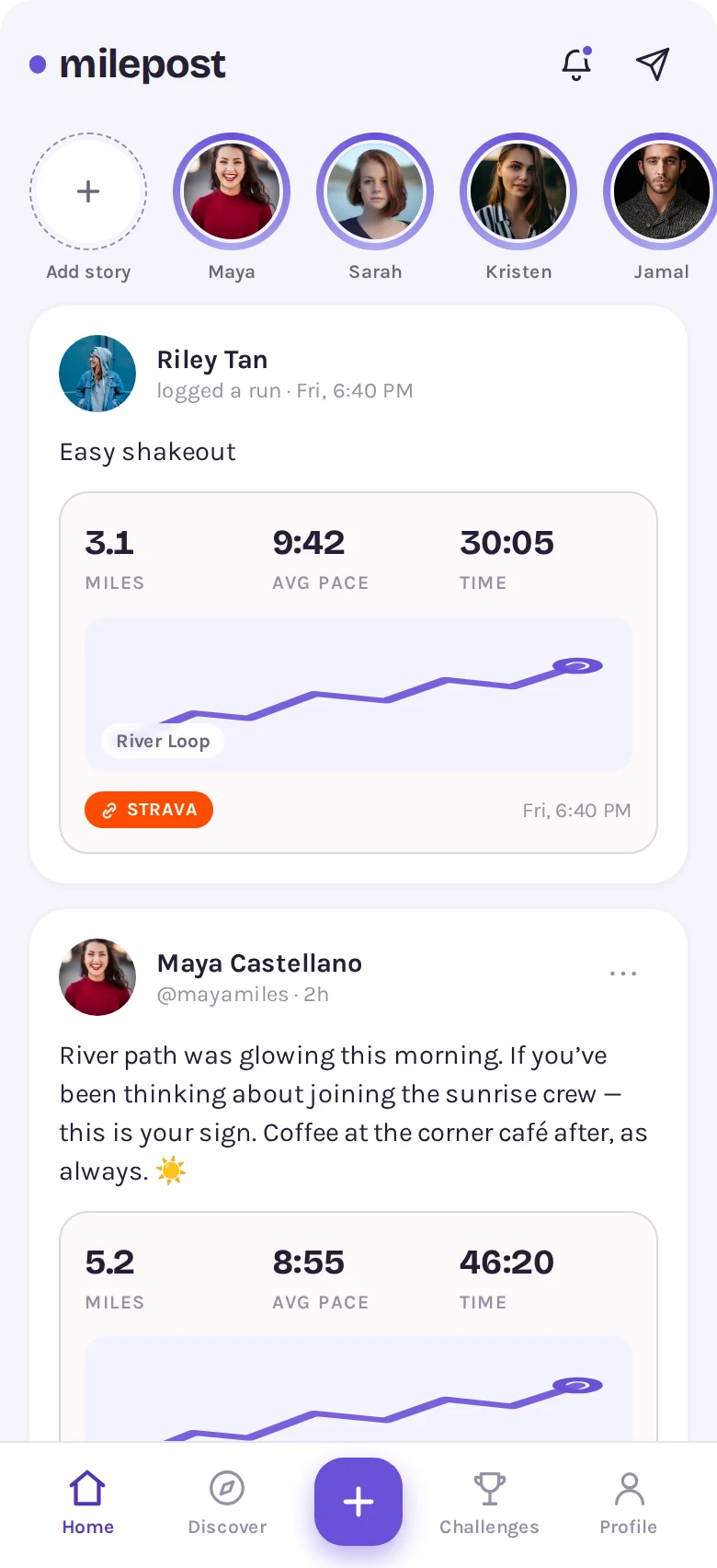 Community feed with run cards and stories