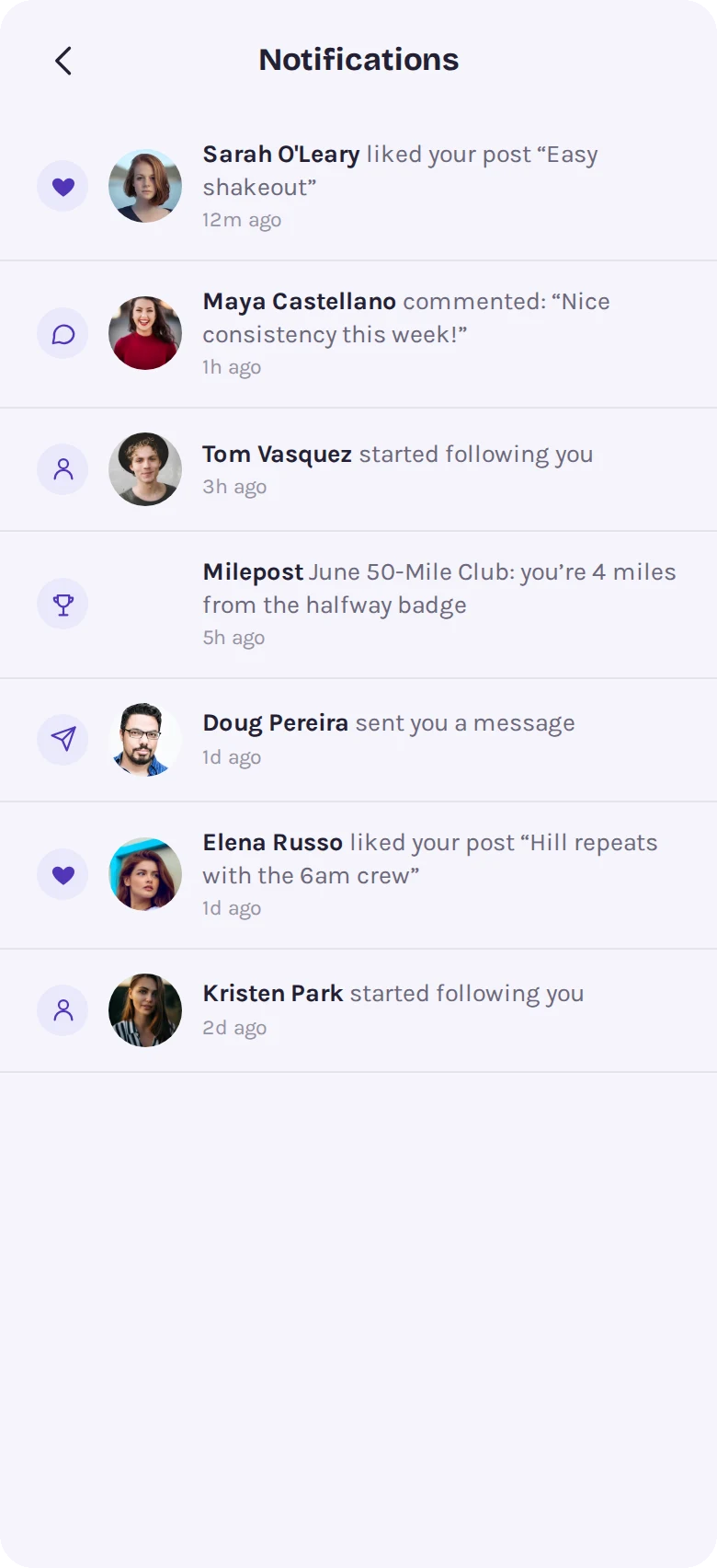 Notifications for likes, comments, follows and challenges