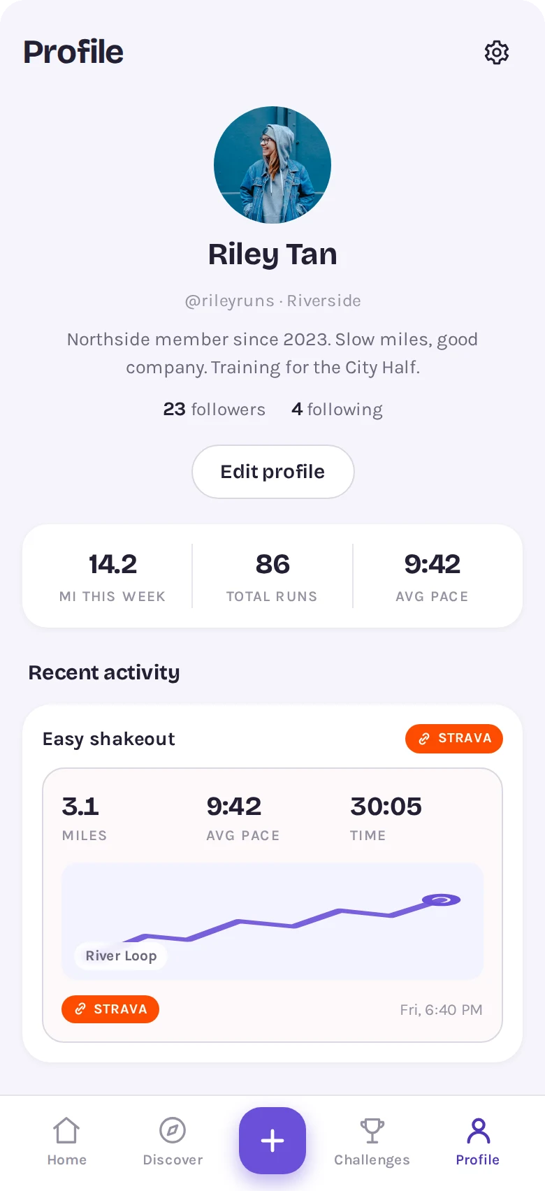 Member profile with weekly miles, total runs and average pace