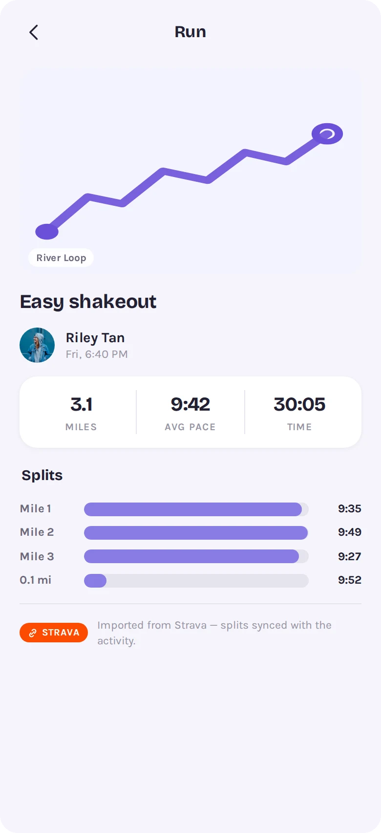 Run page with the route, pace and mile splits