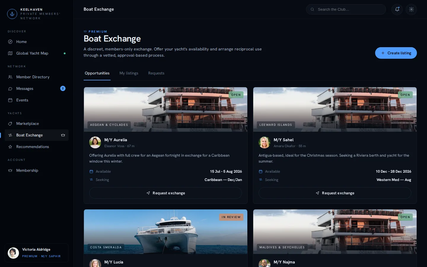Members-only boat exchange with approval-based requests