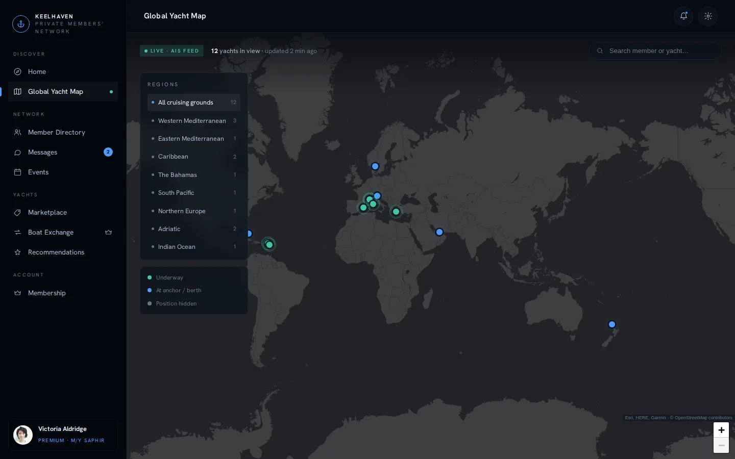 Global yacht map with cruising-ground filters