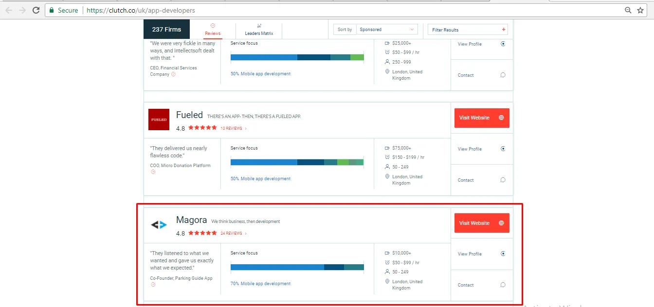 Magora app developer team is the 3d on Clutch in the organic results