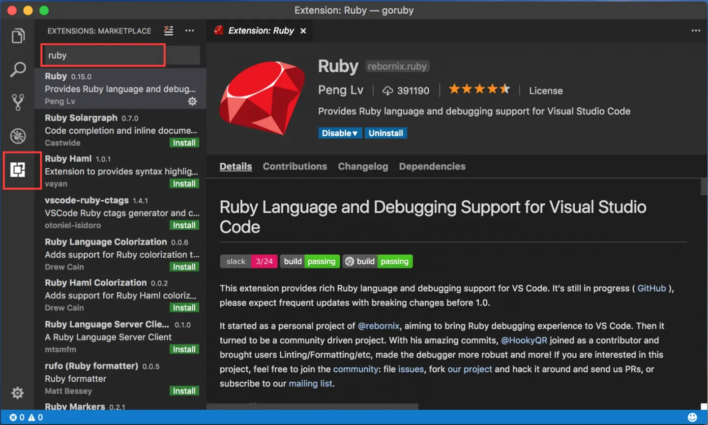 ruby language and debugging support